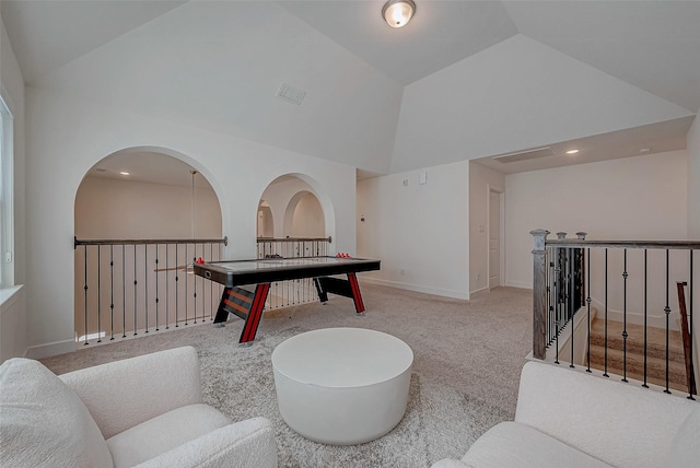 5038 Galahad Ct, Missouri City, TX 77459 - rec room with high vaulted ceiling, carpet, baseboards, and recessed lighting