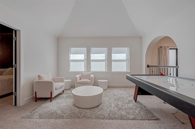 5038 Galahad Ct, Missouri City, TX 77459 - rec room with lofted ceiling, carpet floors, and baseboards