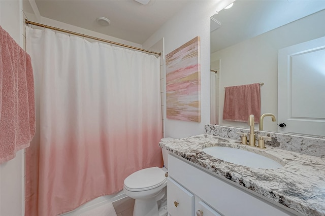 5038 Galahad Ct, Missouri City, TX 77459 - bathroom featuring vanity, toilet, a shower with curtain, and tile patterned floors