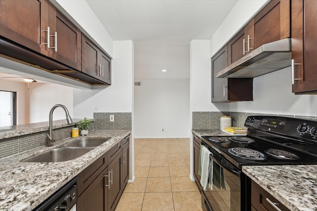 8020 Braesmain Dr Unit 1710, Houston, TX 77025 - kitchen with black range with electric cooktop, a sink, under cabinet range hood, backsplash, and light stone counters