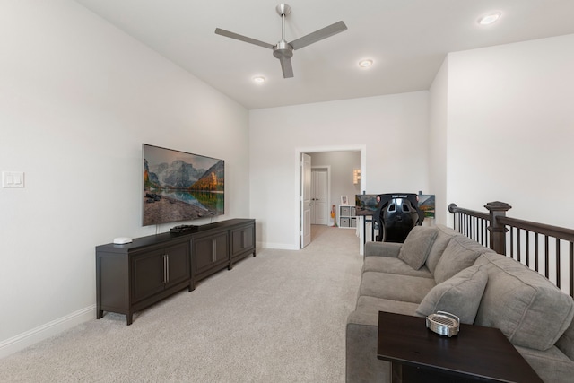 6914 Champion Trl, Katy, TX 77493 - living room featuring light carpet, baseboards, ceiling fan, and recessed lighting