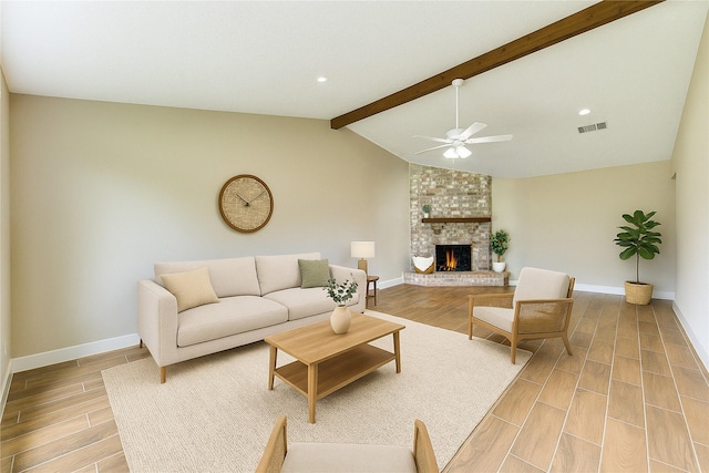 15203 Mcconn St, Houston, TX 77598 - living area featuring ceiling fan, wood finish floors, baseboards, a fireplace, and recessed lighting