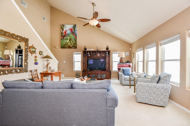 115 Mar Vista Ct, Surfside Beach, TX 77541 - carpeted living area with a ceiling fan, baseboards, and high vaulted ceiling