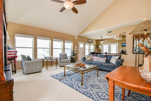 115 Mar Vista Ct, Surfside Beach, TX 77541 - living room with a ceiling fan, carpet, and high vaulted ceiling