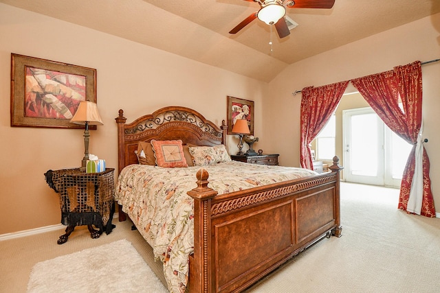 115 Mar Vista Ct, Surfside Beach, TX 77541 - bedroom with light colored carpet, vaulted ceiling, a ceiling fan, and baseboards