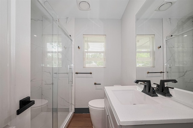 6058 Lyndhurst Dr, Houston, TX 77033 - bathroom featuring toilet, vanity, a marble finish shower, and plenty of natural light