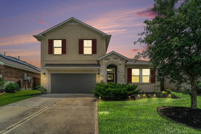 7714 Squall Ln, Baytown, TX 77523 - traditional-style home with an attached garage, concrete driveway, a front lawn, and brick siding