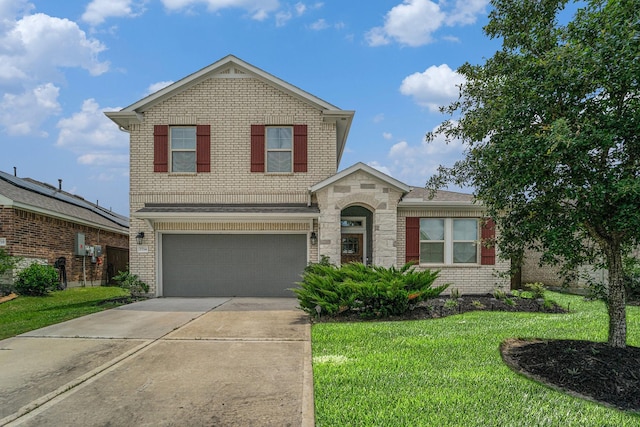 7714 Squall Ln, Baytown, TX 77523 - traditional-style house featuring an attached garage, brick siding, driveway, and a front yard