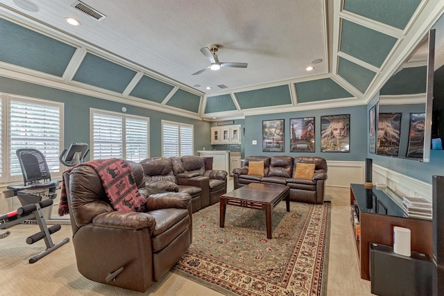5211 Rothchilde Ct, Houston, TX 77069 - carpeted living area featuring ceiling fan, ornamental molding, and a wainscoted wall