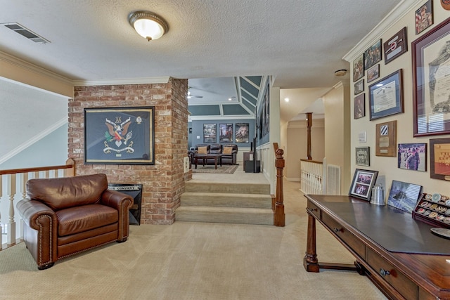 5211 Rothchilde Ct, Houston, TX 77069 - sitting room featuring carpet flooring, crown molding, a textured ceiling, and an upstairs landing