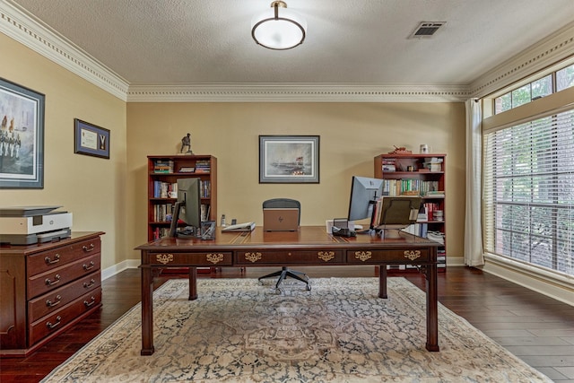 5211 Rothchilde Ct, Houston, TX 77069 - office with crown molding, dark wood-type flooring, baseboards, and a textured ceiling