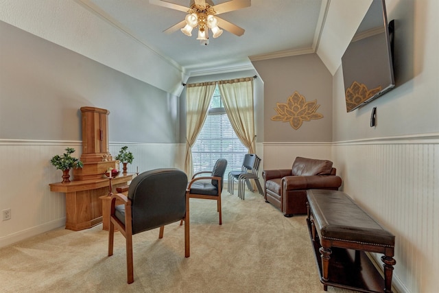 5211 Rothchilde Ct, Houston, TX 77069 - carpeted office space with ornamental molding, wainscoting, a ceiling fan, and lofted ceiling
