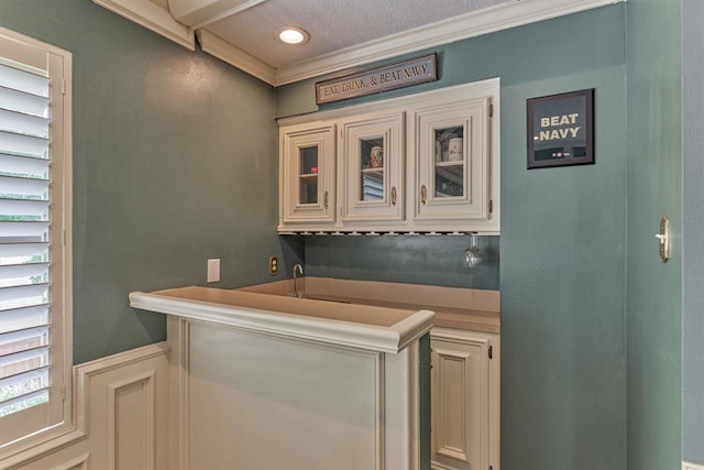 5211 Rothchilde Ct, Houston, TX 77069 - indoor wet bar with crown molding, a textured ceiling, and recessed lighting