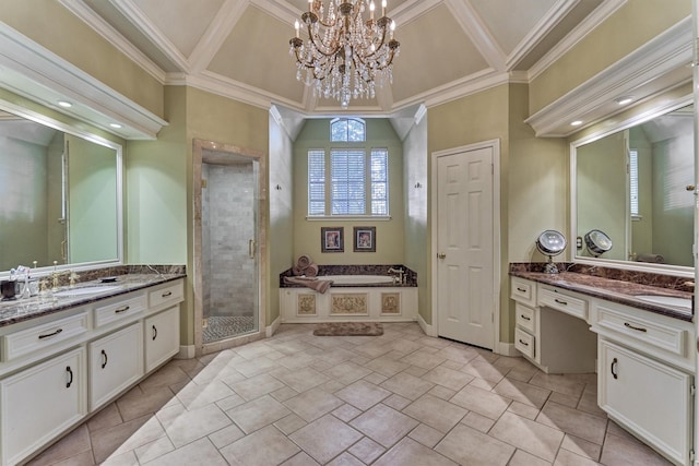 5211 Rothchilde Ct, Houston, TX 77069 - bathroom featuring a bath, two vanities, crown molding, a stall shower, and a chandelier