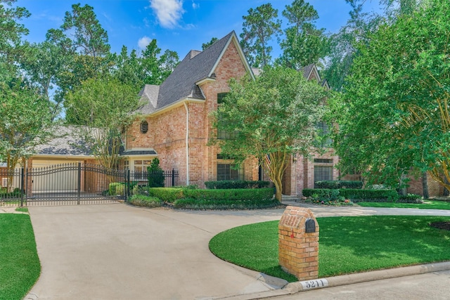 5211 Rothchilde Ct, Houston, TX 77069 - view of front facade featuring brick siding, driveway, a gate, a garage, and roof with shingles