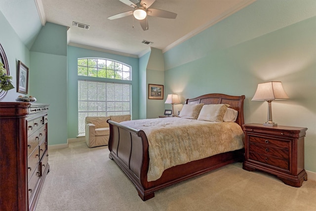 5211 Rothchilde Ct, Houston, TX 77069 - bedroom with light carpet, vaulted ceiling, ornamental molding, ceiling fan, and baseboards