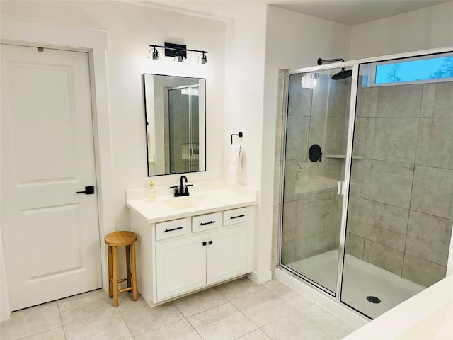 12531 Hilltop Mill Rd, Magnolia, TX 77354 - bathroom featuring a shower stall, tile patterned floors, and vanity