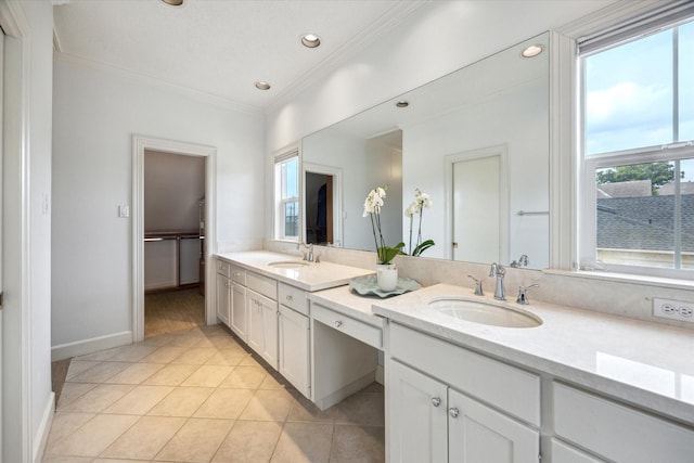 2409 Ralph St Unit A, Houston, TX 77006 - full bathroom featuring ornamental molding, tile patterned floors, double vanity, recessed lighting, and baseboards