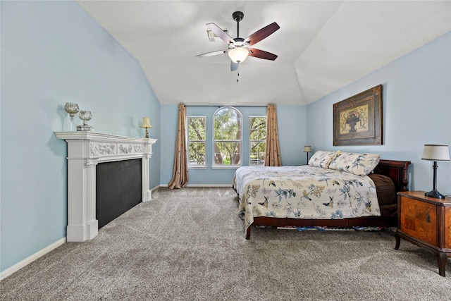 4019 Bellinger Way, Missouri City, TX 77459 - carpeted bedroom with lofted ceiling, baseboards, a fireplace, and a ceiling fan