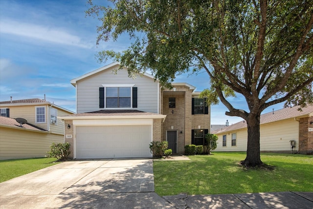 8111 Sanders Forest Ct, Humble, TX 77338 - traditional-style home with concrete driveway, an attached garage, a front yard, and brick siding