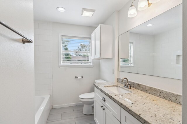 6038 Woodbrook Ln, Houston, TX 77008 - full bathroom with vanity, toilet, tile patterned floors, recessed lighting, and baseboards