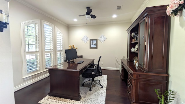 2530 Sparrow Crest Dr, Katy, TX 77494 - office featuring dark wood finished floors, ceiling fan, baseboards, crown molding, and recessed lighting