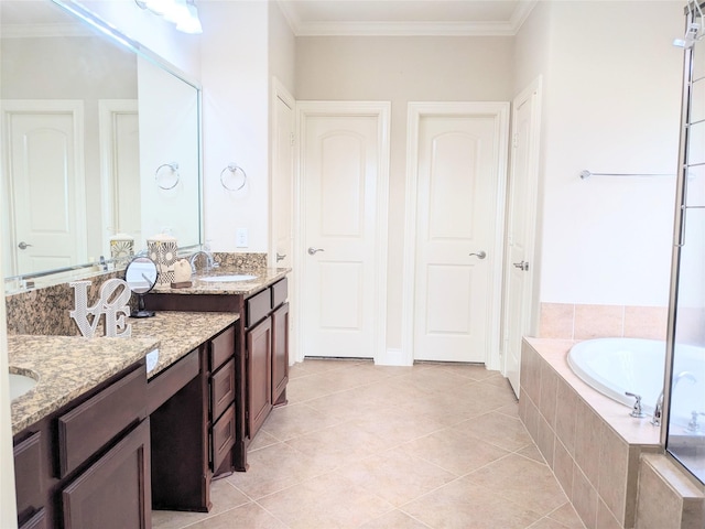 2530 Sparrow Crest Dr, Katy, TX 77494 - bathroom featuring a bath, tile patterned flooring, ornamental molding, and vanity