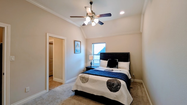 2530 Sparrow Crest Dr, Katy, TX 77494 - bedroom featuring ornamental molding, light carpet, lofted ceiling, baseboards, and ceiling fan