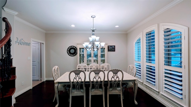 2530 Sparrow Crest Dr, Katy, TX 77494 - dining space featuring a chandelier, ornamental molding, dark wood finished floors, recessed lighting, and baseboards