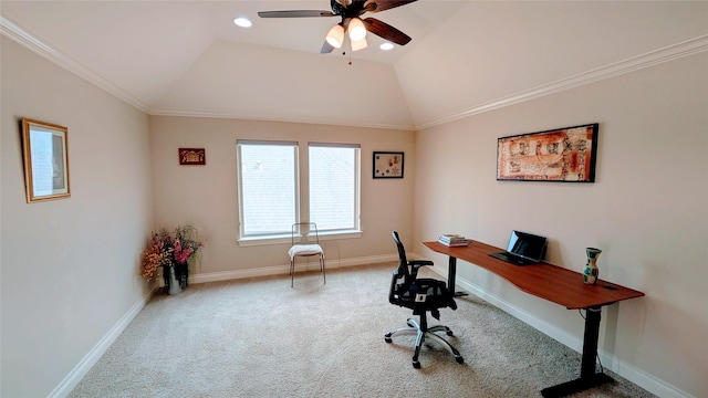 2530 Sparrow Crest Dr, Katy, TX 77494 - carpeted office space featuring ceiling fan, vaulted ceiling, baseboards, and crown molding