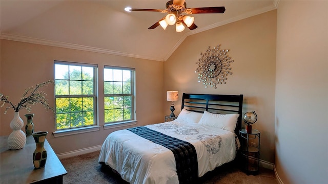 2530 Sparrow Crest Dr, Katy, TX 77494 - carpeted bedroom with baseboards, lofted ceiling, ornamental molding, and ceiling fan