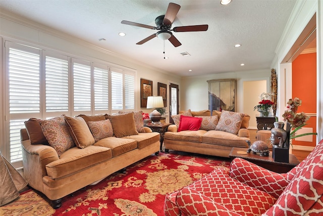 6235 Queenswood Ln, Houston, TX 77008 - living room featuring ornamental molding, ceiling fan, recessed lighting, and a textured ceiling
