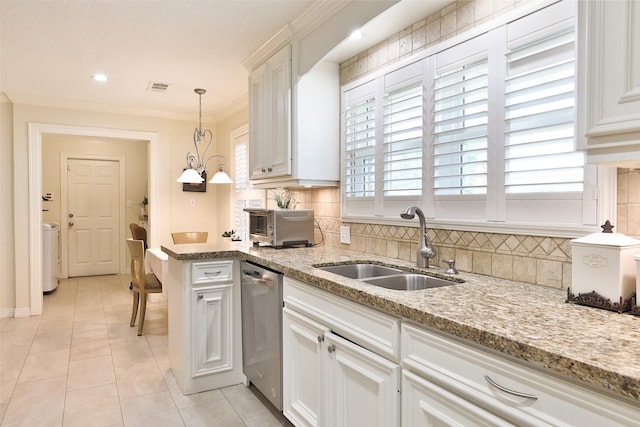 6235 Queenswood Ln, Houston, TX 77008 - kitchen featuring stainless steel dishwasher, a sink, crown molding, and white cabinetry