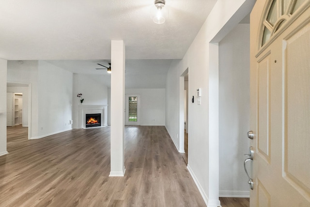 31115 Perlican Dr, Spring, TX 77386 - foyer featuring light wood-style floors, ceiling fan, a lit fireplace, and baseboards