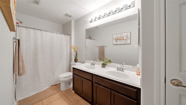 13703 View Meadow Ln, Houston, TX 77034 - bathroom with tile patterned floors, toilet, double vanity, and a shower with shower curtain