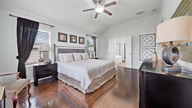 13703 View Meadow Ln, Houston, TX 77034 - bedroom with vaulted ceiling, dark wood-style flooring, a ceiling fan, and ensuite bathroom