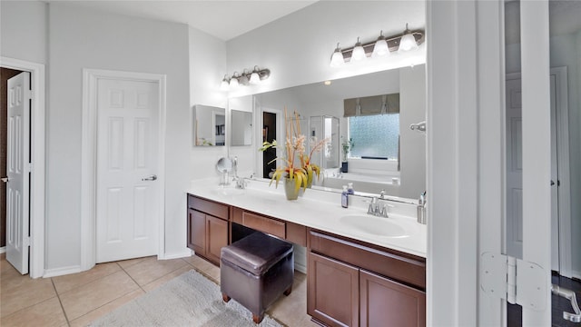 13703 View Meadow Ln, Houston, TX 77034 - full bathroom featuring tile patterned floors, double vanity, and a garden tub