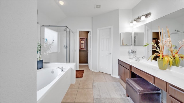 13703 View Meadow Ln, Houston, TX 77034 - full bath with a bath, a shower stall, vanity, tile patterned floors, and baseboards
