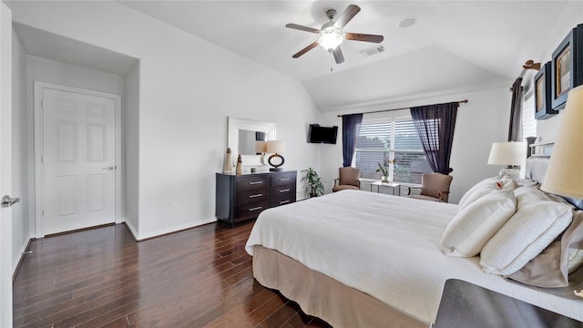 13703 View Meadow Ln, Houston, TX 77034 - bedroom featuring lofted ceiling, dark wood-style flooring, baseboards, and a ceiling fan