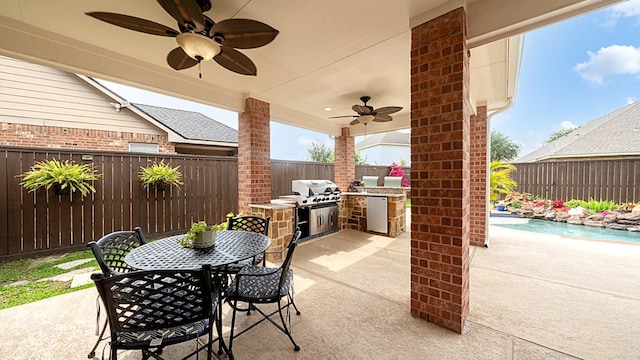 13703 View Meadow Ln, Houston, TX 77034 - fenced backyard featuring outdoor dining space, a ceiling fan, and a patio