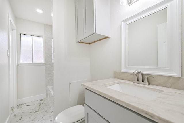 1210 E Rutgers Ln, Deer Park, TX 77536 - full bathroom featuring marble finish flooring, toilet, vanity, recessed lighting, and baseboards
