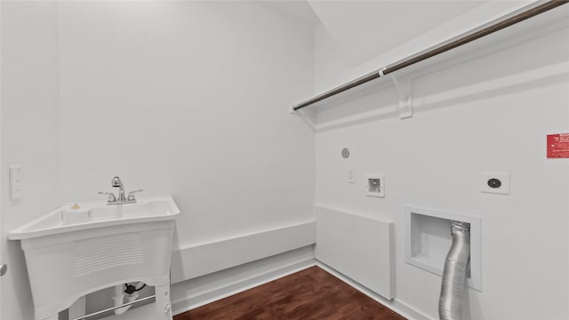 14304 Sweet Meadow Trl, Conroe, TX 77384 - washroom featuring electric dryer hookup, hookup for a washing machine, and dark wood-style floors