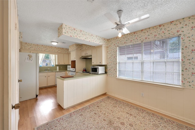 10722 Glenway Dr, Houston, TX 77070 - kitchen with under cabinet range hood, a peninsula, light wood finished floors, wallpapered walls, and a sink