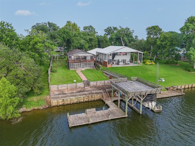 215 Selkirk Rd, Matagorda, TX 77414 - dock featuring a lawn, stairway, and a deck with water view