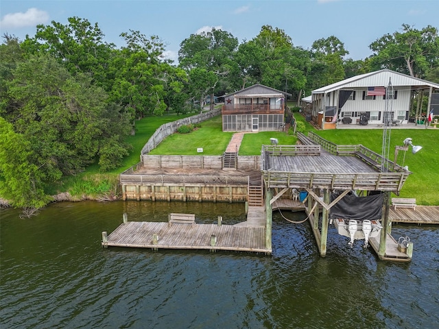 215 Selkirk Rd, Matagorda, TX 77414 - dock featuring a lawn, a deck with water view, and stairs