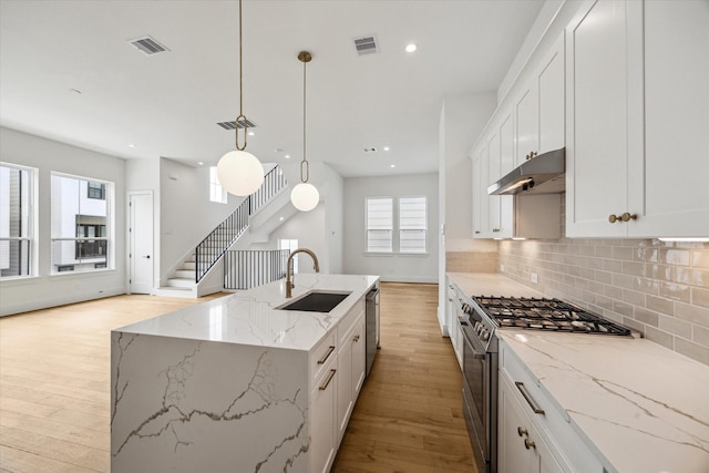 2209 Dennis St, Houston, TX 77004 - kitchen with a sink, stainless steel appliances, under cabinet range hood, light wood-style floors, and tasteful backsplash
