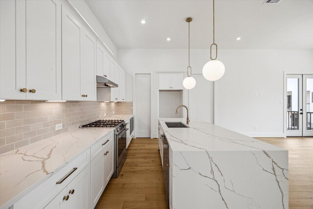 2209 Dennis St, Houston, TX 77004 - kitchen with stainless steel appliances, a sink, light wood-style flooring, under cabinet range hood, and recessed lighting