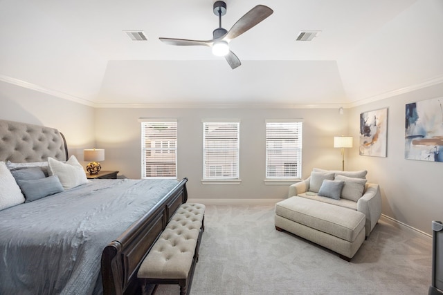 5741 Kansas St, Houston, TX 77007 - bedroom featuring baseboards, light carpet, ornamental molding, a ceiling fan, and a raised ceiling