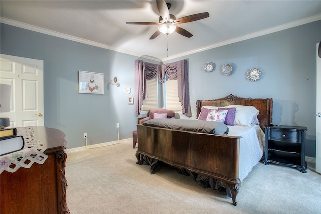 1912 Rollingwood Dr, Huntsville, TX 77340 - bedroom featuring light carpet, ornamental molding, baseboards, and ceiling fan