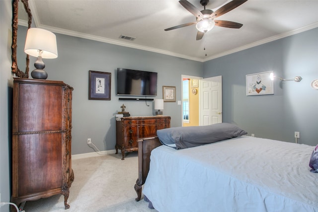 1912 Rollingwood Dr, Huntsville, TX 77340 - bedroom with light carpet, ornamental molding, baseboards, and ceiling fan